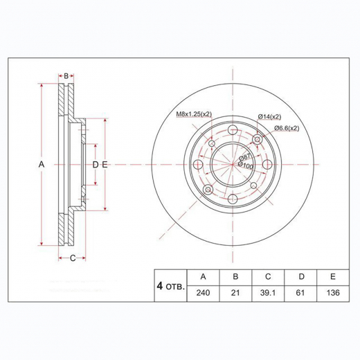 Диск тормозной передний Honda Jazz '02-'09/ Logo Sportic '96-'01/ Fit Aria '01-'09/ Capa '98-'02/ Fit '01-'07 (240 *22 *4x100) Panda