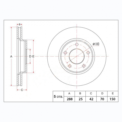 Диск тормозной передний Opel Vectra B '95-'03 (288 *25 *5x110) Delphi