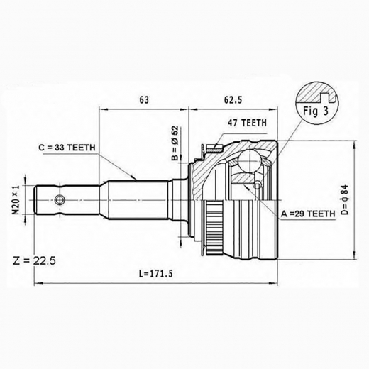 Шрус наружный переднего привода Chevrolet Rezzo, Daewoo Nubira, Espero, Nexia ABS Febest 1110-(система ESP)A47