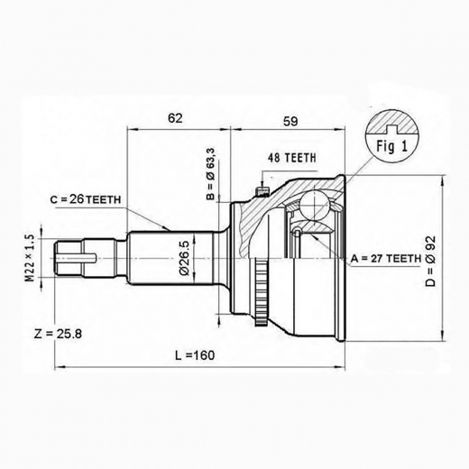 Шрус наружный переднего привода Toyota Camry, Caldina, Allion, Estima, Harrier, Ipsum, Kluger, Premio, Rav4, Alphard, Highlander, Wish, Lexus RX ABS Febest 0110-061A48