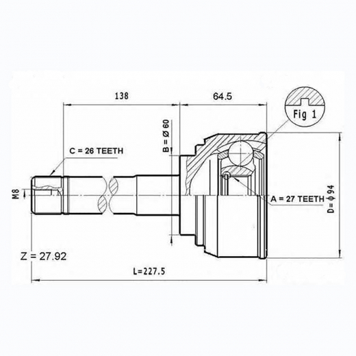 Шрус наружный переднего привода Toyota Hiace, Hilux Surf, Hiace Regius Lynx CO-7526