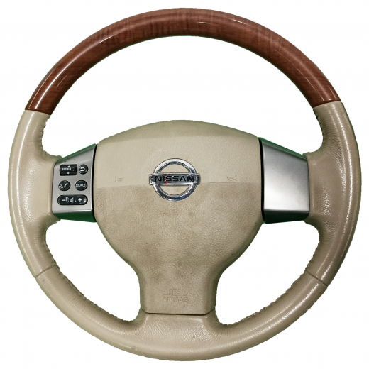 Руль Nissan Note '05-'12/ Tiida Latio '04-'12 Airbag (3 луча, кожа, кнопки , под дерево) Контрактный